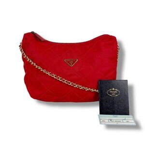 Prada Quilted Triangle Logo Chain Shoulder Bag Red Tessuto